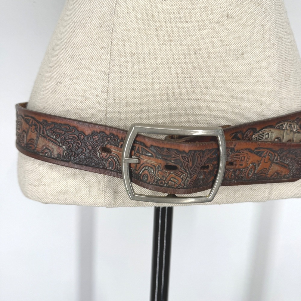 Vintage Brown Hand Tooled Leather 4x4 Truck Belt Silver Buckle Men 32 36 Trucker